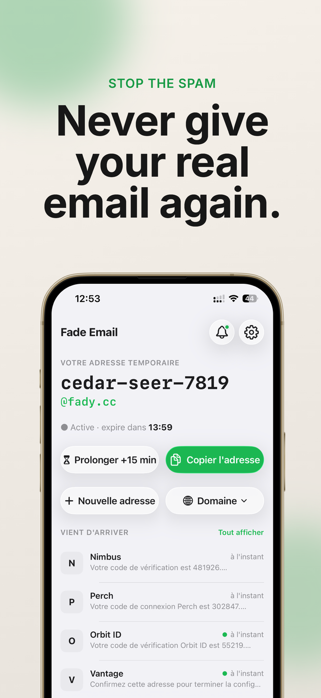 Fade Home screen showing a temporary email address in monospace with a live expiry timer, and buttons to extend the address, copy it, create a new address or change domain.