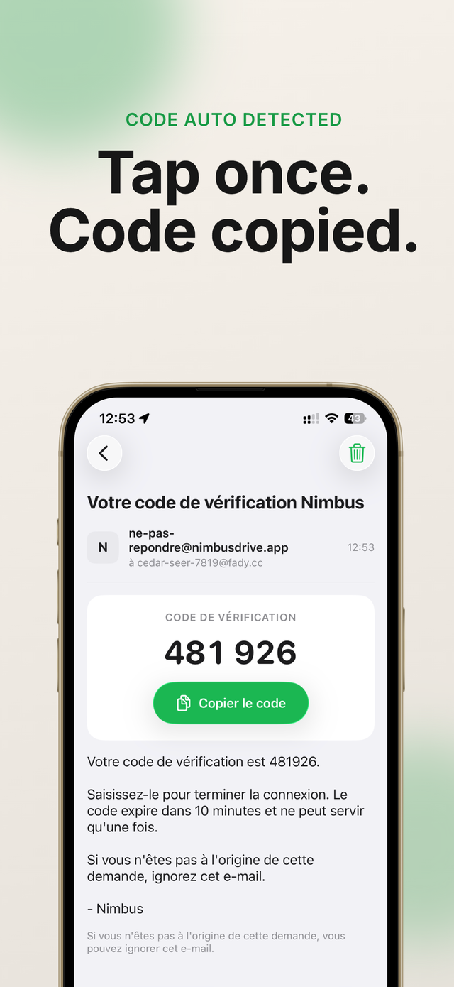 A verification email opened in Fade, with the six digit OTP code pulled out into a card at the top and a Copy code button under it.