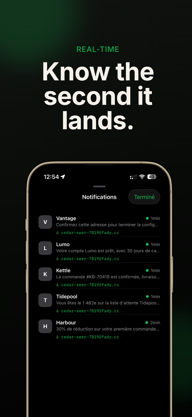 An iPhone push notification from Fade announcing that a new verification email has arrived.